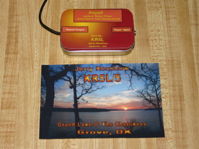 Jerry KR5L's home built Keyall keyer and his home printed full color QSL card.