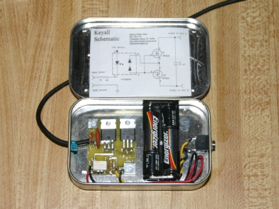 The inner workings of the Keyall, with the schematic on the inner lid.